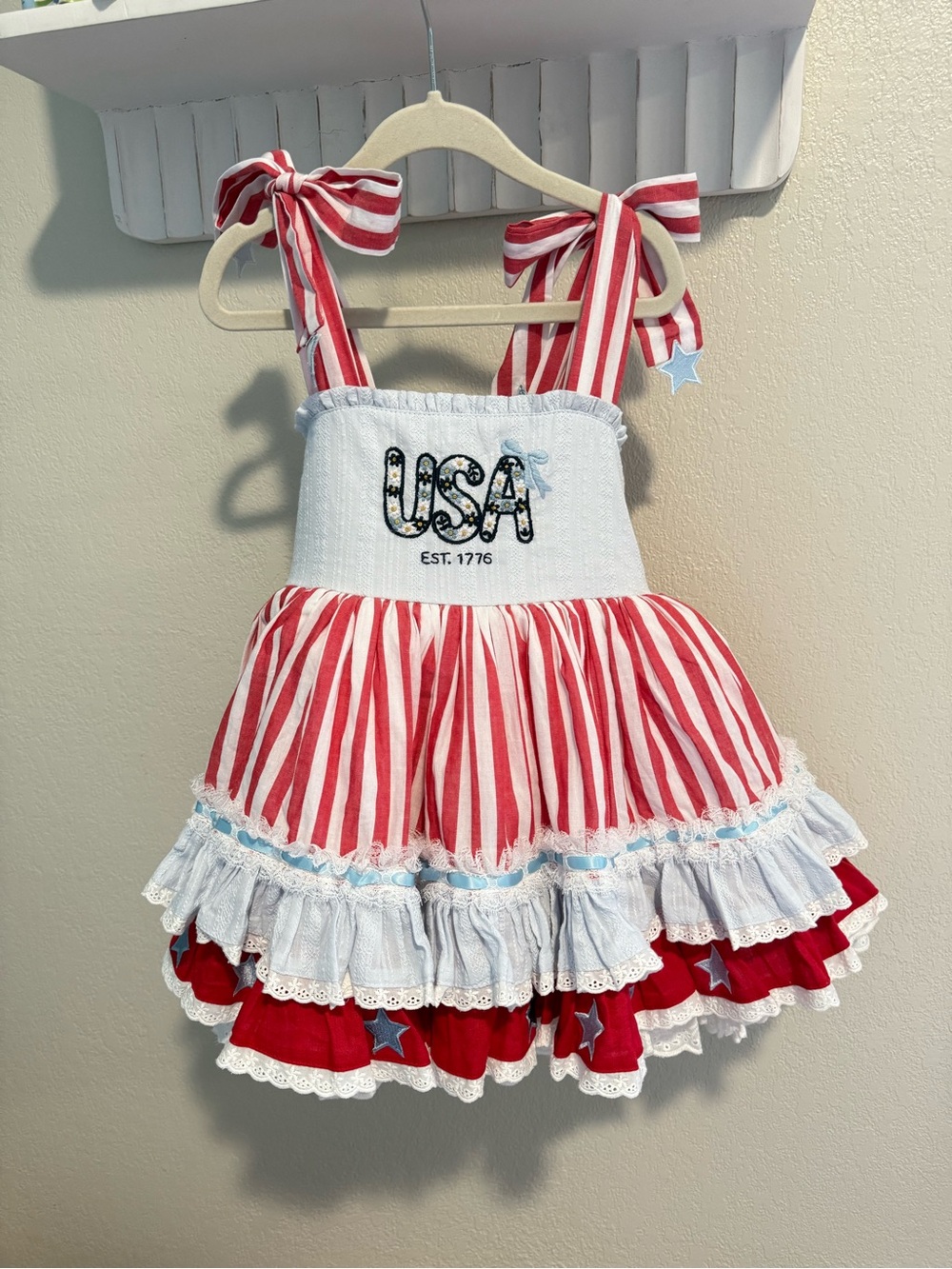 Red & White Striped USA Ruffled Dress